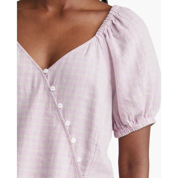 Madewell Pink Plaid Linen Blend Puff Sleeve Summer Top Blouse 3X - Picture 3 of 10
